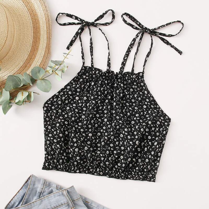 

Ditsy Floral Self Tie Cami, Black