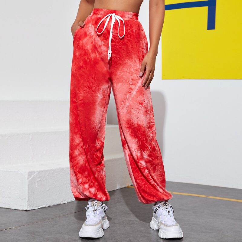 

Tie Dye Print Drawstring Waist Sweatpants, Red