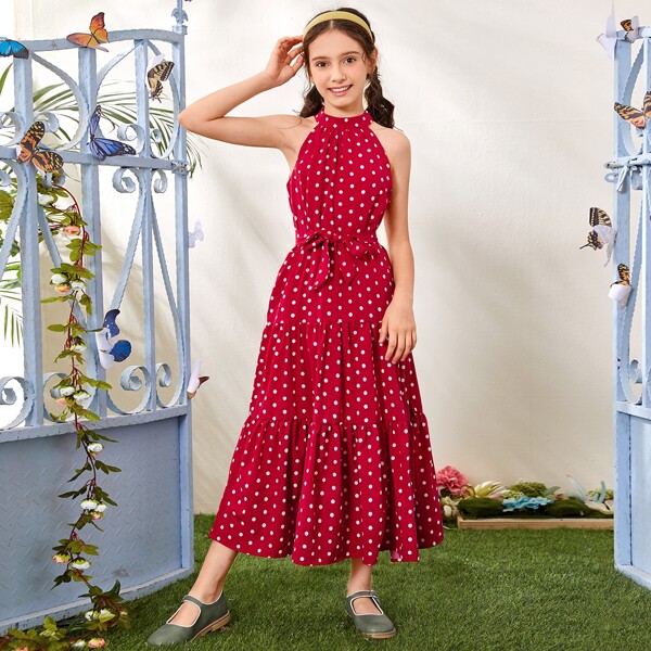 

Girls Self Belted Polka Dot Halter Dress, Rose red