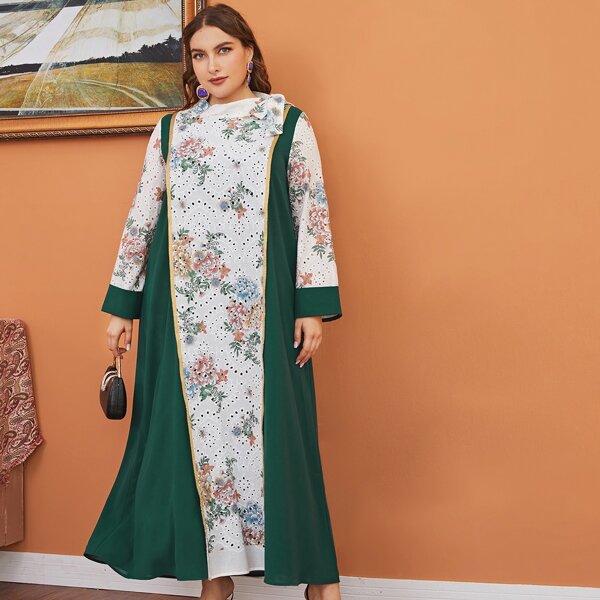 

Plus Floral Print Eyelet Embroidery Maxi Dress, Multicolor