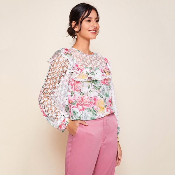 

Guipure Lace Insert Lantern Sleeve Ruffle Detail Floral Top, Multicolor