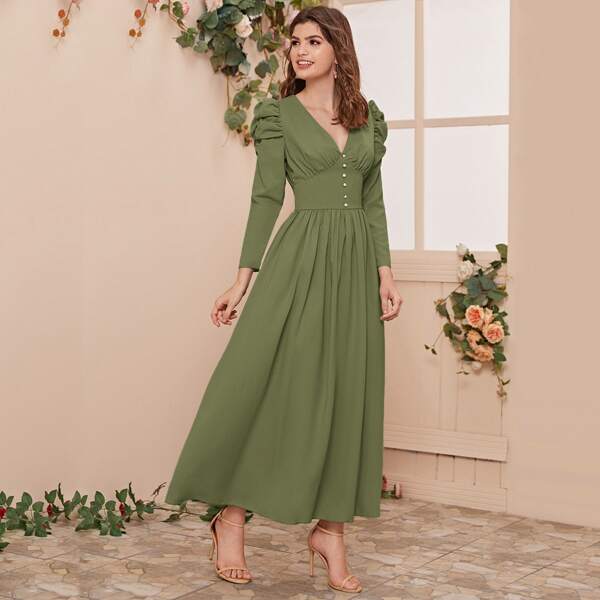 

Gigot Sleeve Empire Waist Maxi Dress, Army green