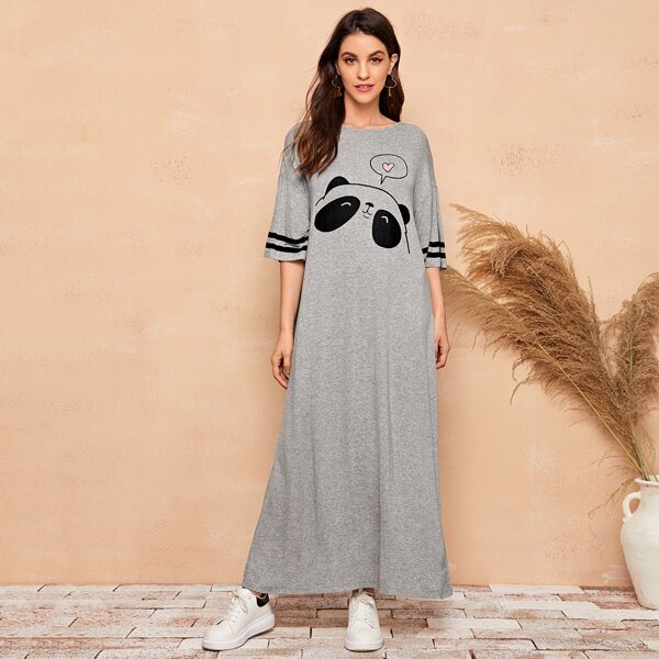 

Cartoon Graphic Striped Sleeve Heather Gray Dress, Light grey