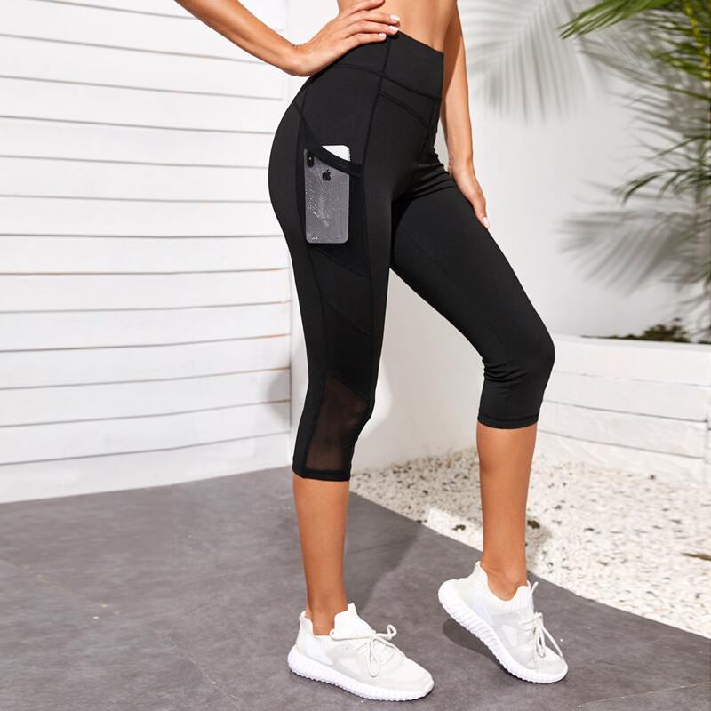 

Contrast Mesh Sports Leggings With Phone Pocket, Black