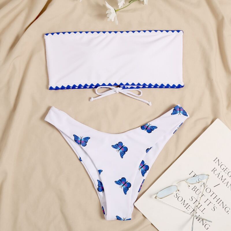 

Butterfly Print Lace-up Bandeau Bikini Swimsuit, White
