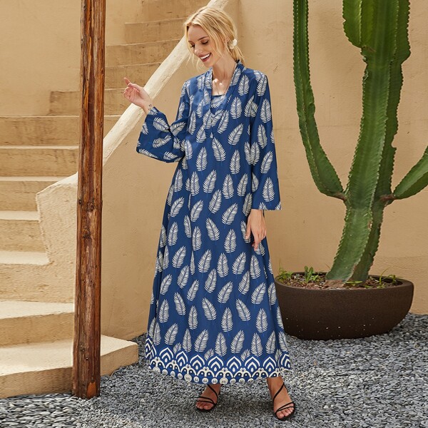 

Leaf Print Maxi Tunic Dress, Navy blue