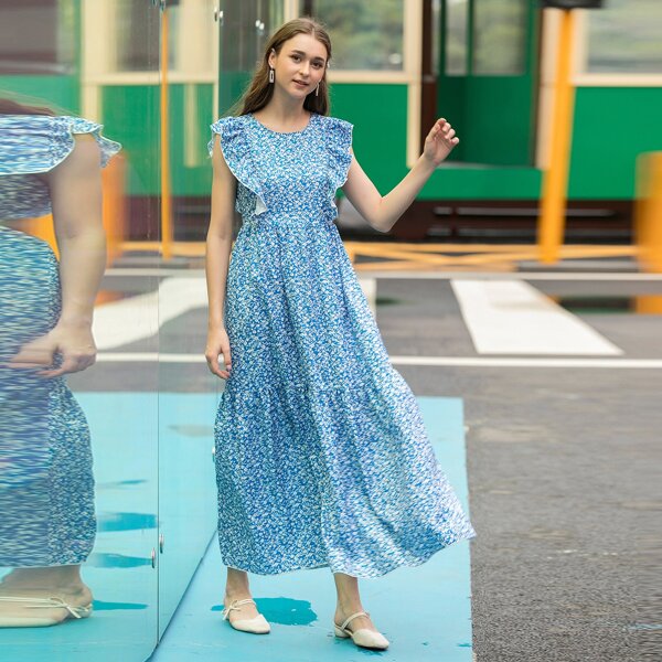 

Ditsy Floral Ruffle Hem Maxi Dress, Blue
