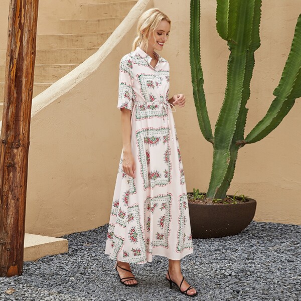

Scarf Print Drawstring Shirt Dress, Multicolor