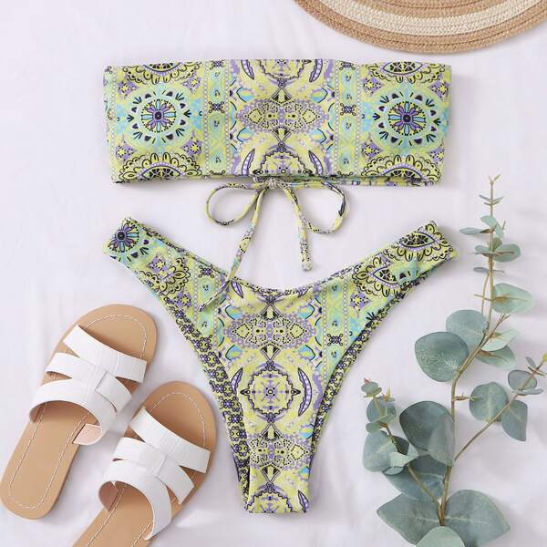 

Tribal Lace-up Bandeau High Cut Bikini Swimsuit, Multicolor
