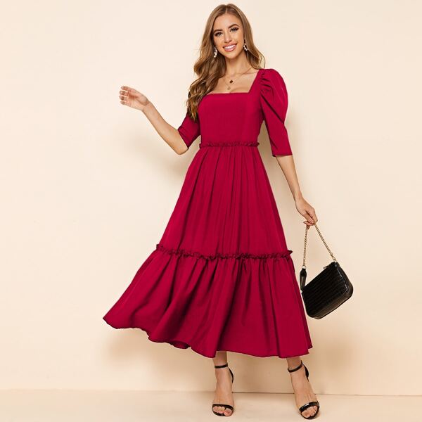 

Square Neck Gigot Sleeve Frill Trim Flare Dress, Rose red