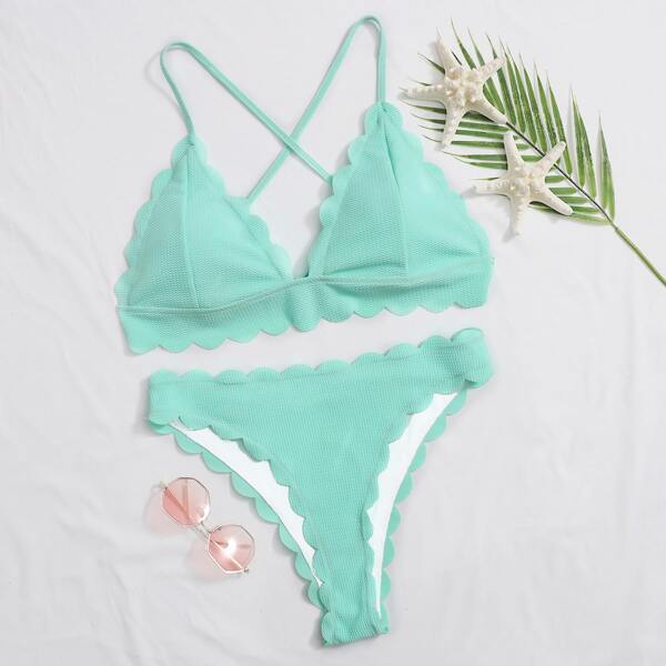 

Plus Textured Scallop Trim Triangle Bikini Swimsuit, Mint green