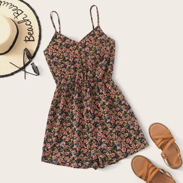 

Plus Allover Floral Print Slip Romper, Multicolor