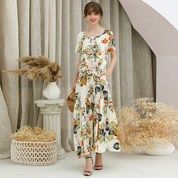 

Topical Print Slant Pocket Ruffle Hem Dress, Multicolor