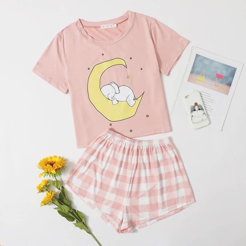 

Cartoon Graphic Tee With Gingham Print Shorts Pajama Set, Multicolor