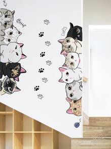 卡通猫印花墙贴，可爱自粘墙贴艺术家居装饰贴纸，贴纸，墙贴，乙烯基家居装饰贴纸，春季装饰品让您的家焕然一新，拉玛装饰贴纸