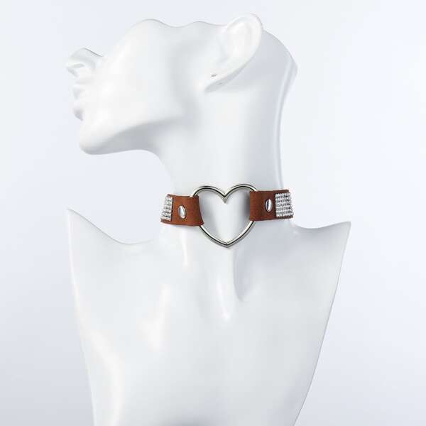 

Rhinestone Heart PU Leather Choker, Brown