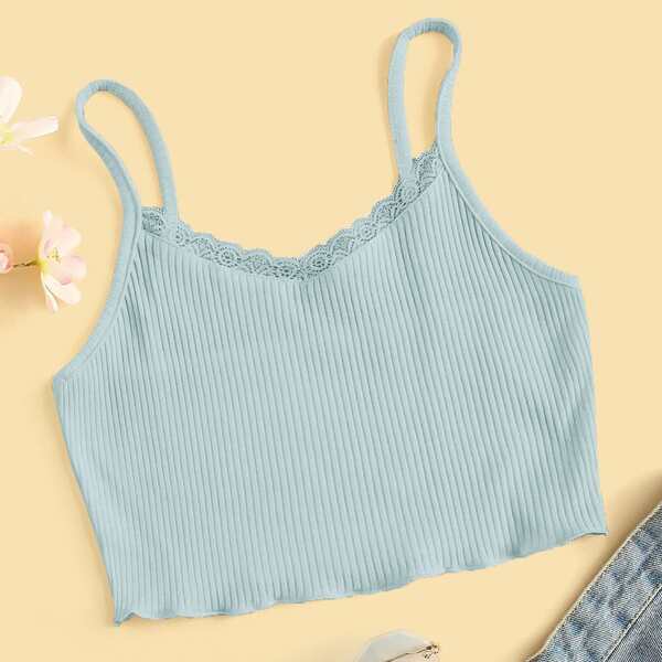 

Ribbed Lace Trim Cami Top, Pastel mint blue