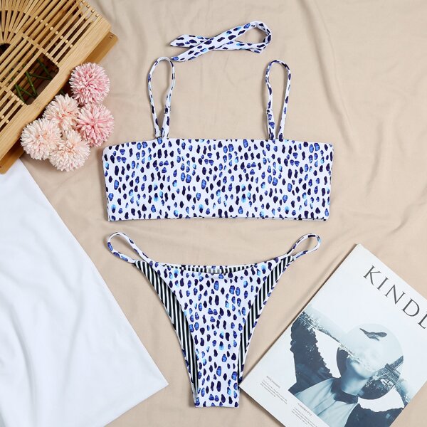 

Allover Print Thong Bikini Swimsuit, Multicolor
