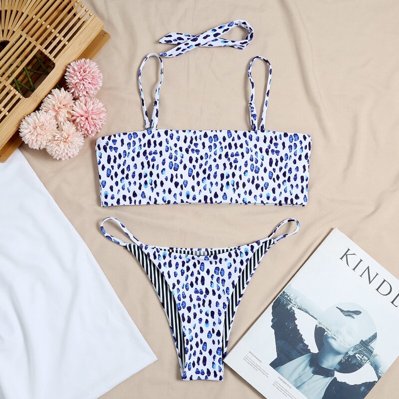 

Allover Print Thong Bikini Swimsuit, Multicolor