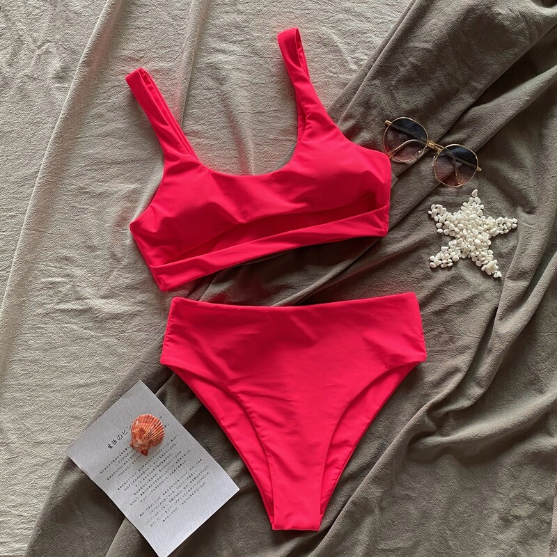 

Cut-out High Waisted Bikini Swimsuit, Bright watermelon pink