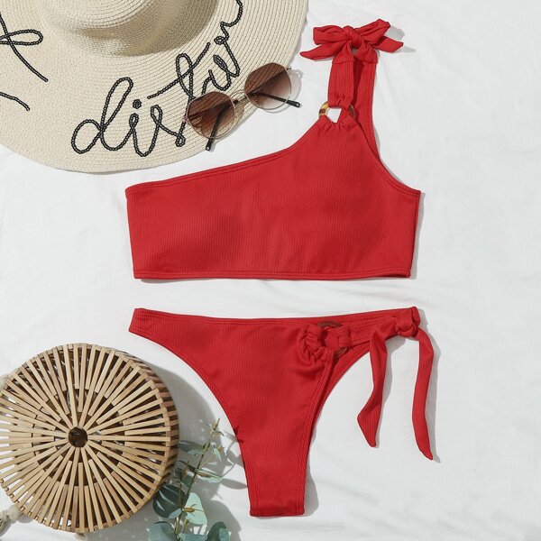 

One Shoulder Rib Ring Linked Bikini Swimsuit, Red