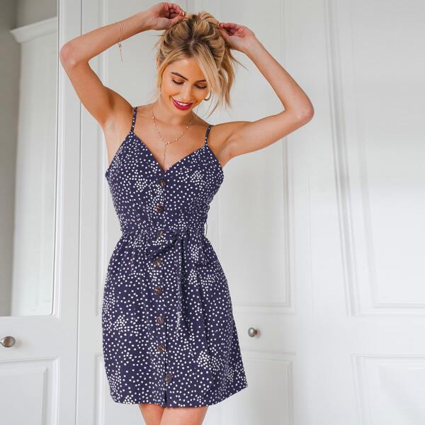 

Button Front Polka Dot Belted Slip Dress, Navy blue