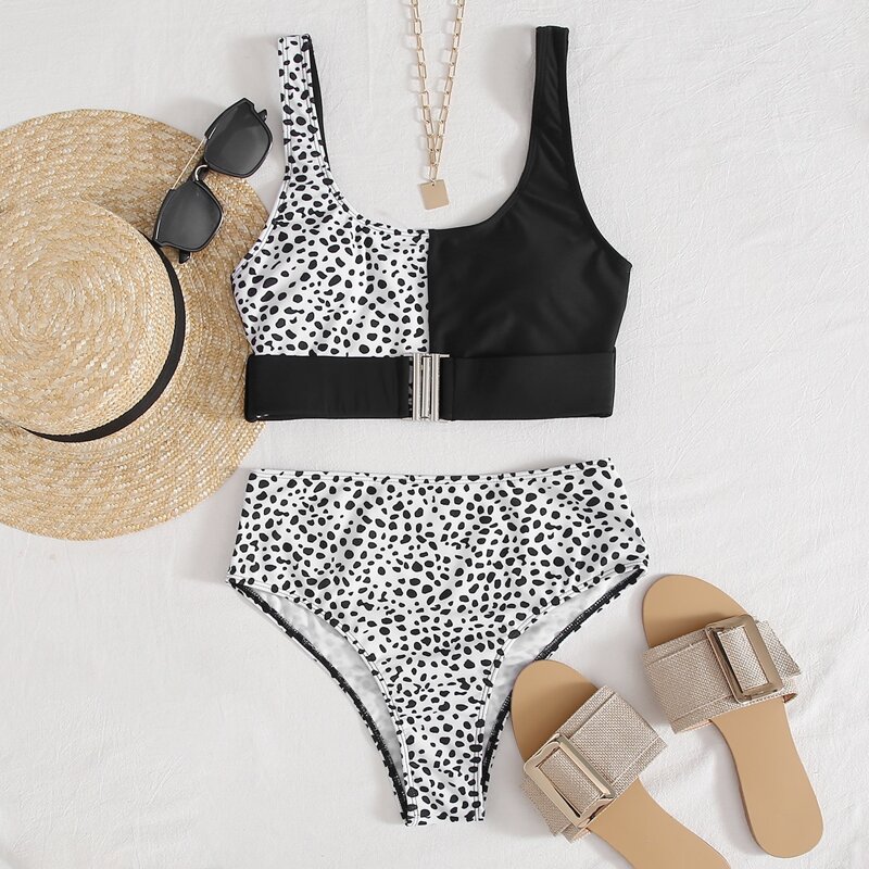 

Dalmatian Belted High Waisted Bikini Swimsuit, Black and white