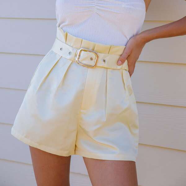 

Paperbag Waist Fold Pleated Shorts, Beige