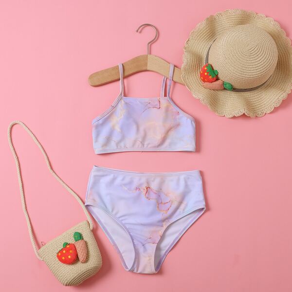 

Girls Marble Print High Waisted Bikini Swimsuit, Pastel lilac purple