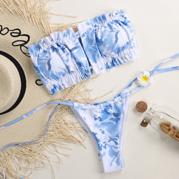 

Tie Dye Ruched Bandeau Thong Bikini Swimsuit, Blue and white