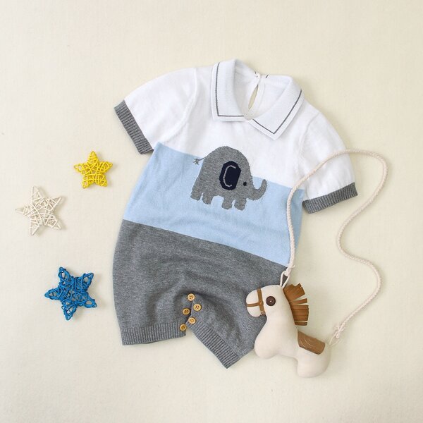 

Baby Boy Color-block Cartoon Graphic Knit Romper, Multicolor