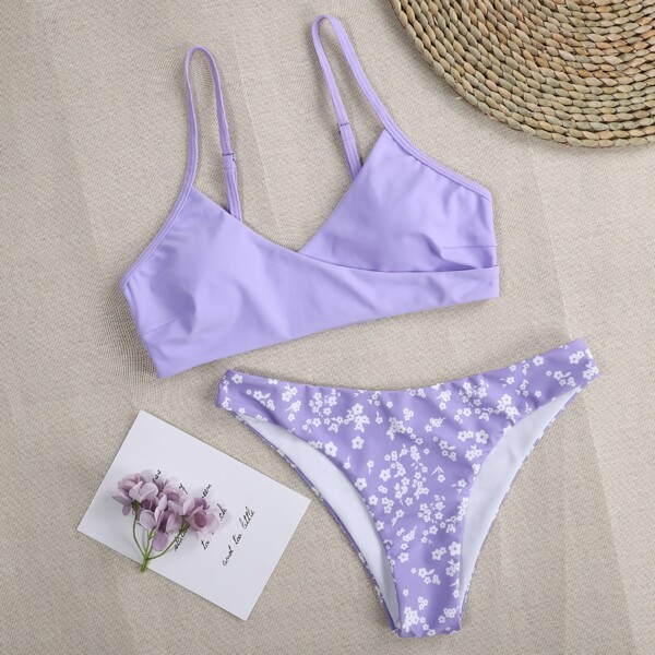 

Ditsy Floral Surplice Neck Bikini Swimsuit, Pastel lilac purple