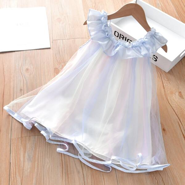 

Toddler Girls Ruffle Frill Mesh Overlay Dress, Pastel baby blue