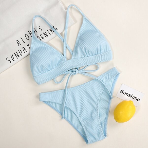 

Rib Tie Back Bikini Swimsuit, Pastel baby blue