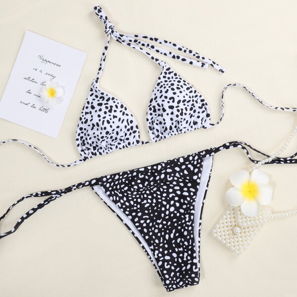 

Dalmatian Triangle Tie Side Bikini Swimsuit, Black and white