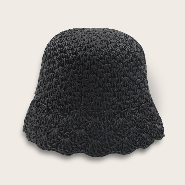 

Solid Hollow Out Straw Hat, Black
