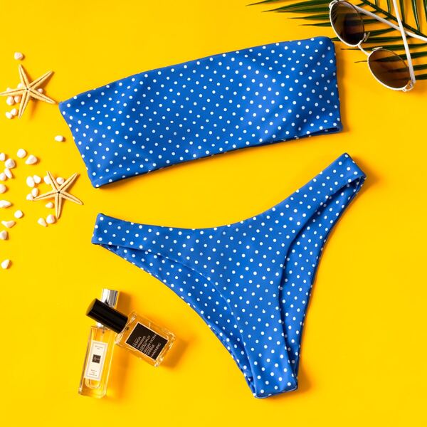

Polka Dot Bandeau Bikini Swimsuit, Blue