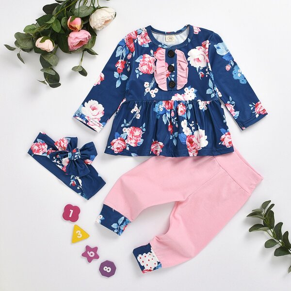 

Baby Girl Floral Print Ruffle Trim Tee With Pants, Multicolor