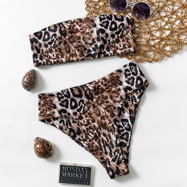 

Leopard Bandeau High Waisted Bikini Swimsuit, Brown