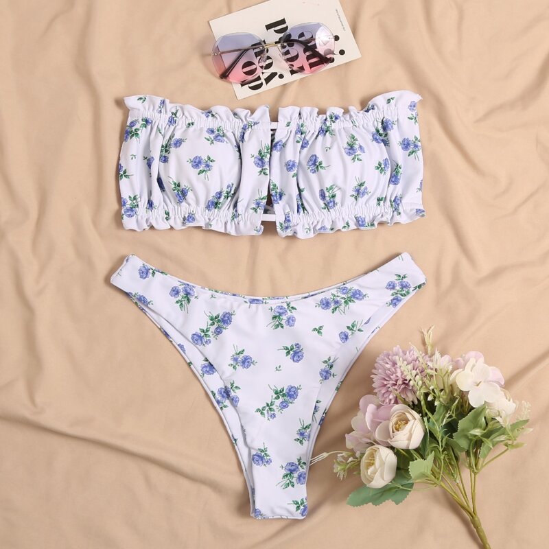 

Floral Frill Trim Bandeau Bikini Swimsuit, Multicolor