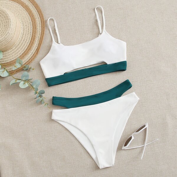 

Contrast Trim Cut-out Bikini Swimsuit, White