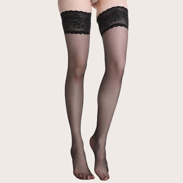 

Lace Trim Thigh Length Mesh Stockings, Black