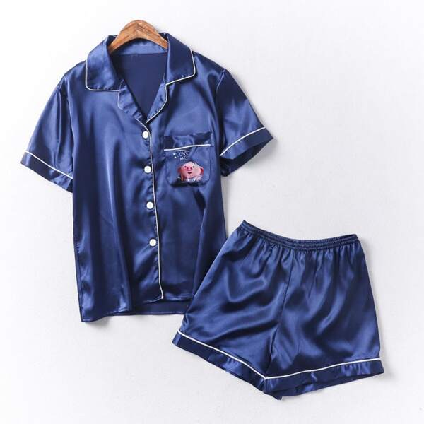 

Toddler Boys Cartoon Graphic Satin PJ Set, Navy blue