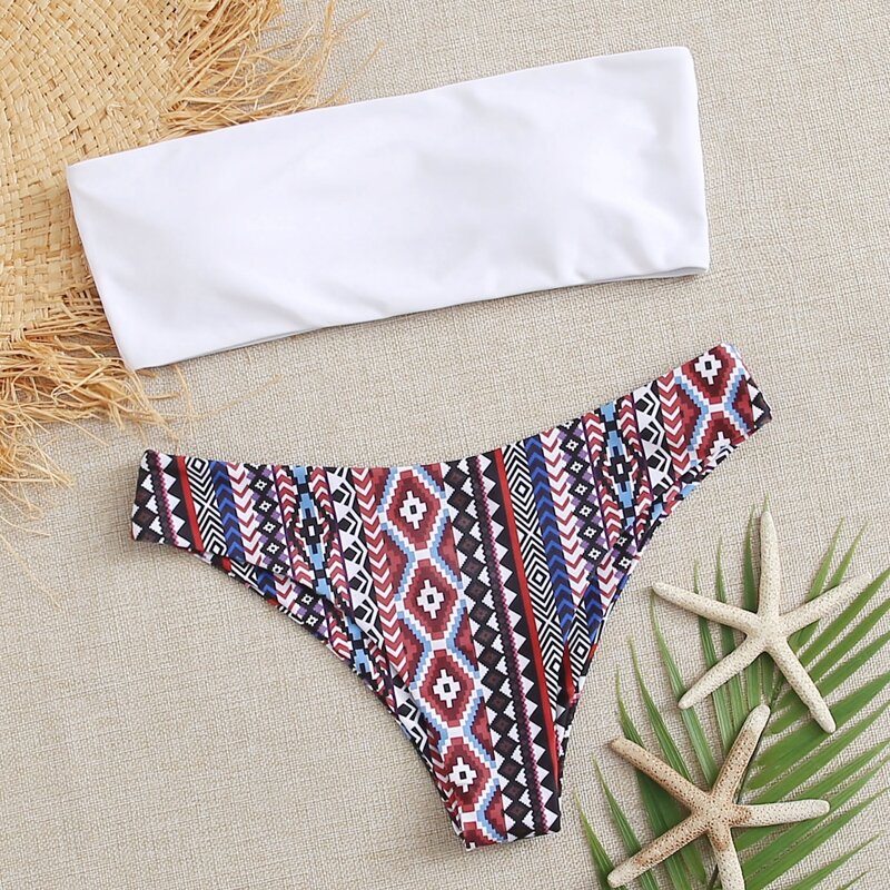 

Aztec Print Bandeau Bikini Swimsuit, Multicolor