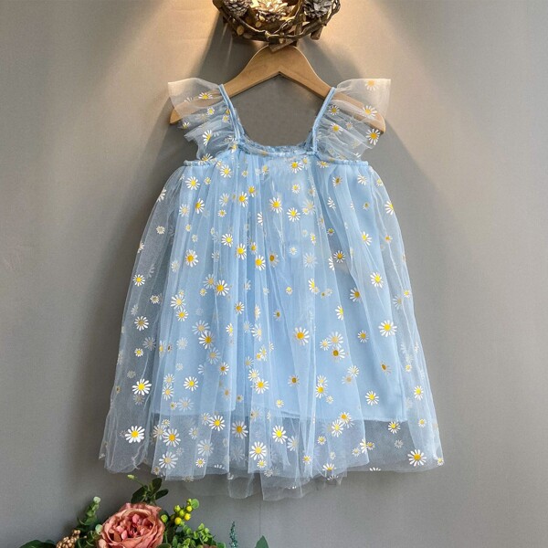 

Toddler Girls Daisy Print Ruffle Mesh Cami Dress, Baby blue