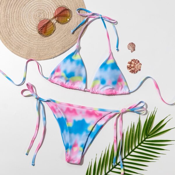 

Tie Dye Triangle Tie Side Bikini Swimsuit, Multicolor