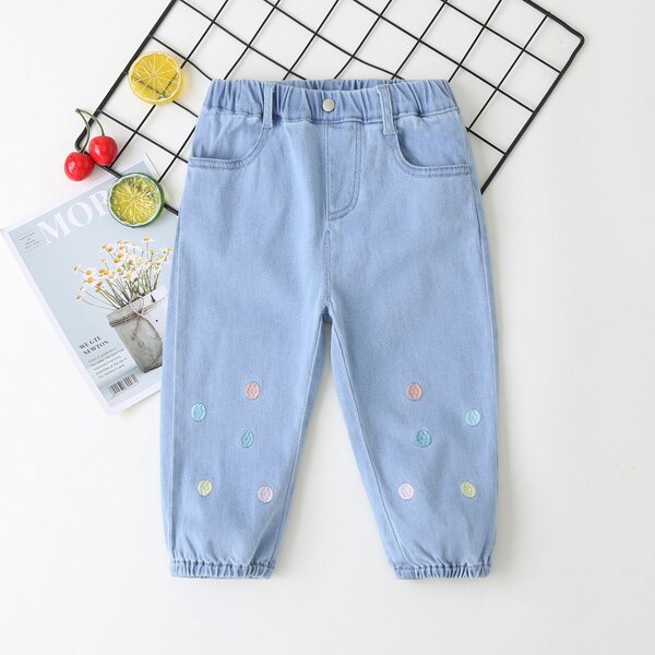 

Toddler Girls Polka Dot Embroidered Jeans, Light wash
