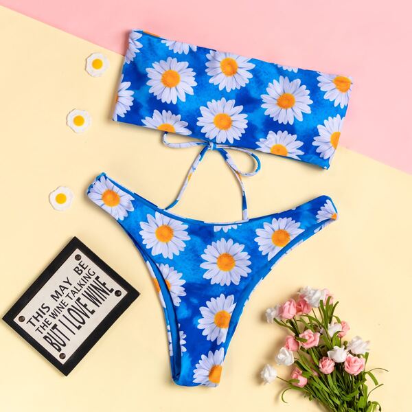

Daisy Floral Lace-up Bandeau Bikini Swimsuit, Multicolor