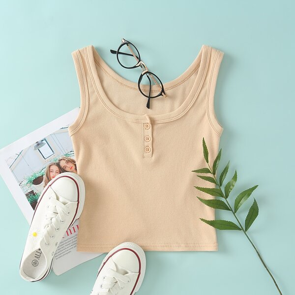

Buttoned Rib-knit Skinny Tank Top, Apricot
