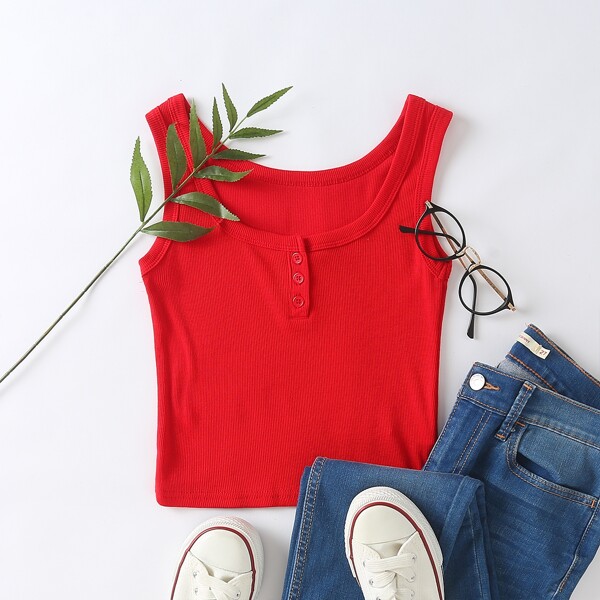 

Buttoned Rib-knit Skinny Tank Top, Red